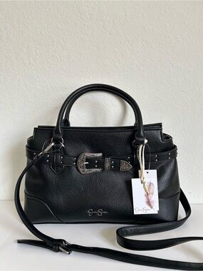 Jessica Simpson Black Leather Satchel with Silver Buckles